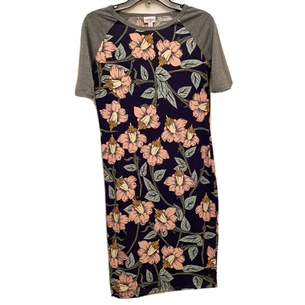 LULAROE Size Small JERSEY DRESS Lily Flower Floral Navy Blue - Picture 3 of 9